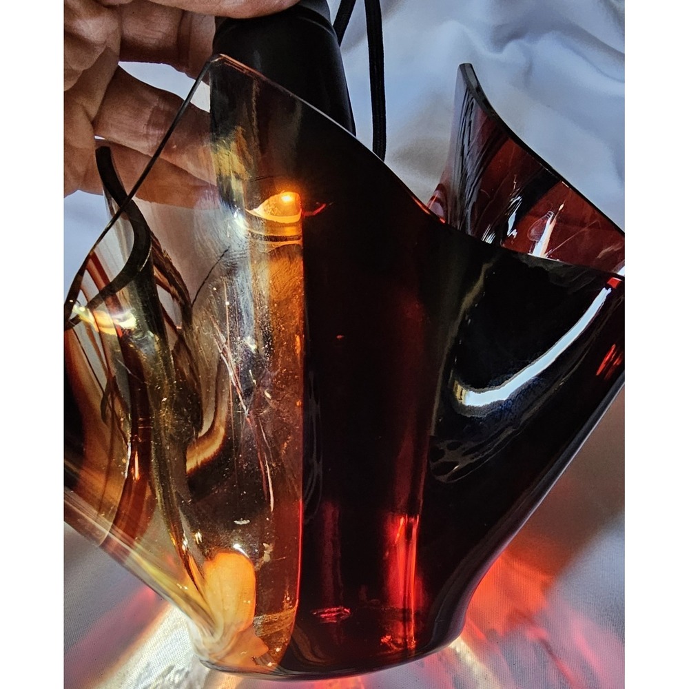 Tony Serveinte Glass Blown Folded Handkerchief Swirl Vase Signed Brown/Clear - Picture 8 of 15